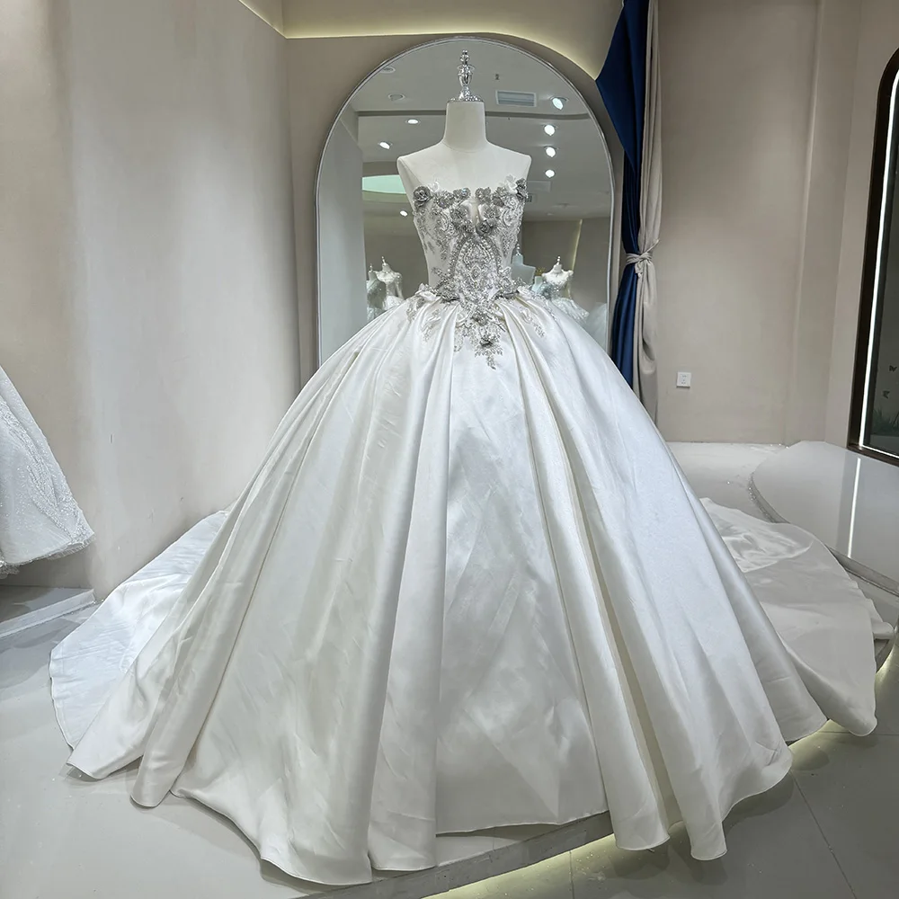 فستان زفاف فاخر من الساتان مع دانتيل مزين بحفلة الأميرة بدون أكمام بدون حمالات فستان عروس مخصص فيستدو دي نوفيا #3