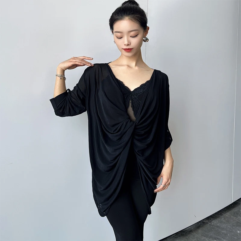 Strój do tańca latynoamerykańskiego dla dorosłych, damski, szary top treningowy, luźny, siateczkowy fartuch do latynoamerykańskich tańców, tango, cha-chy, rumby, taniec w linie, VBH2167