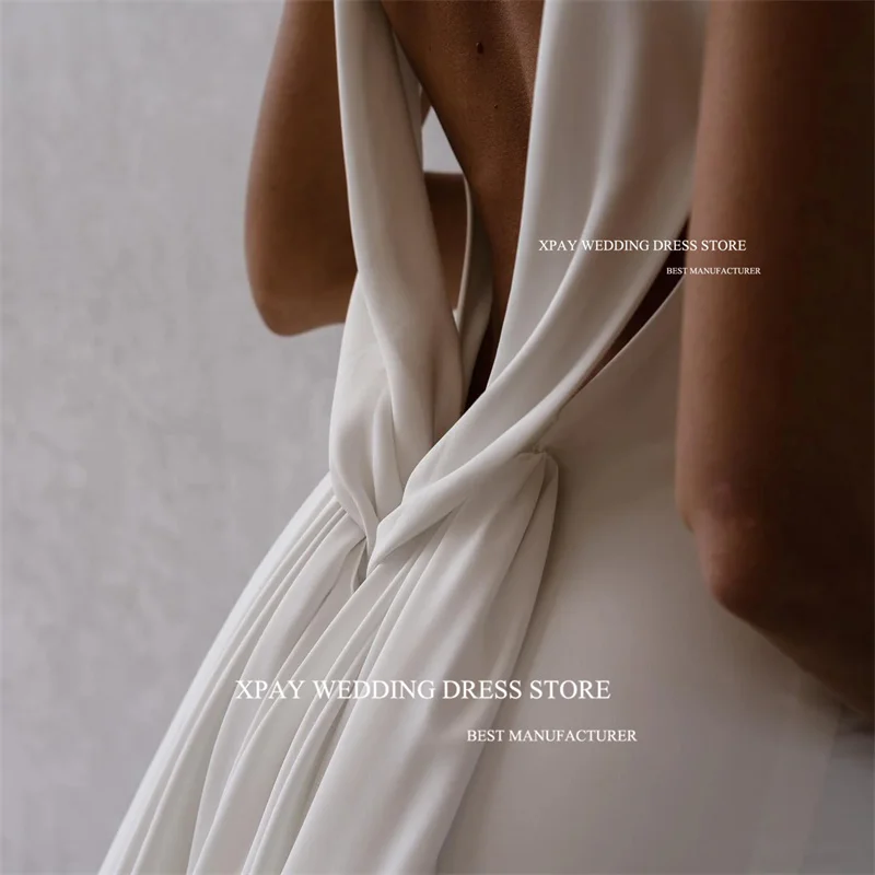 XPAY Simple Stretch Satin Mermaid Wedding Dresses Boho Detachable Train Deep V Neck Crepe Plain Backless Country Bridal Gowns