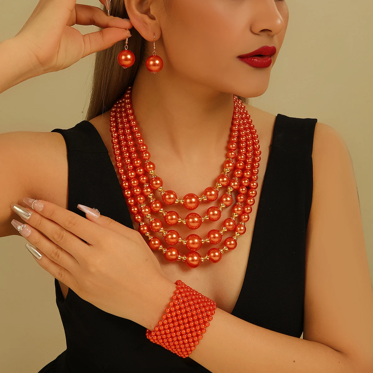 4Pcs Fashion Multi-Layered Simulated Pearl Handmade Beaded Necklace Earrings Bracelet Jewelry Set For Women Wedding Accessory