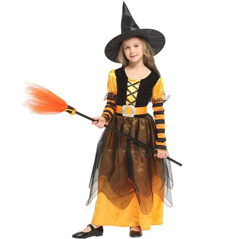 Children Halloween Party Witch Role Up Mesh Tutu Dress With Hat Magic Wand Set Stage Performance Masquerade Ball Stunning Outfit