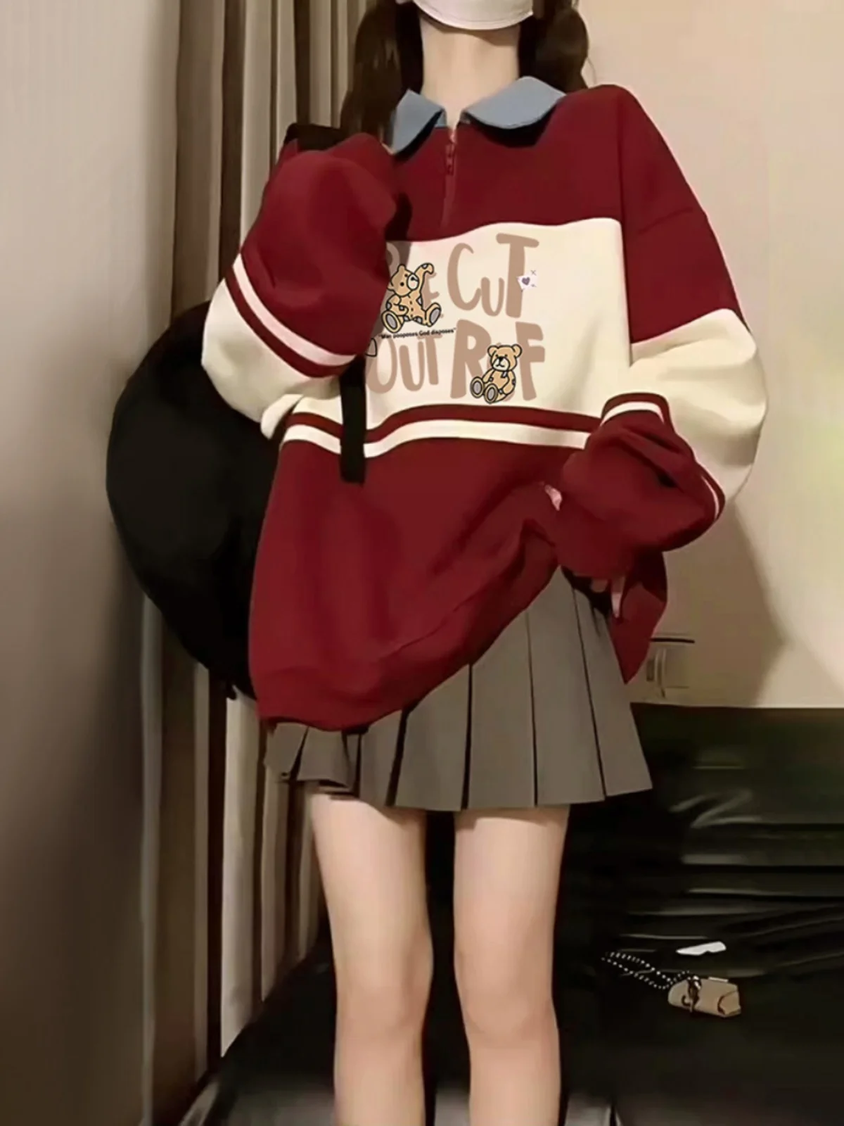 Ele vino rojo americano Retro Ne sudadera mujer Otoño Invierno Fce Oversize Lazy Sle alta calidad