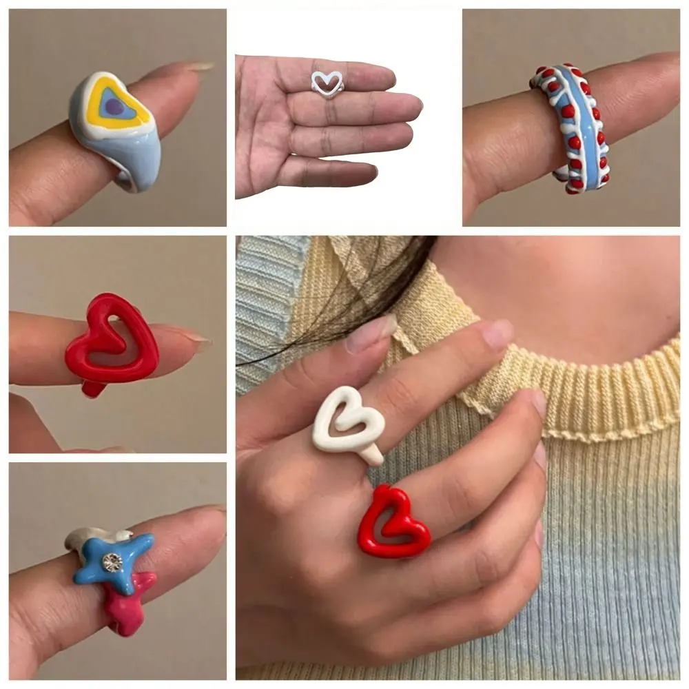 Vintage Y2K Enamel Heart Ring Korean Style Chunky Jewelry Finger Buckle Minority Design Alloy Geometric Ring Men