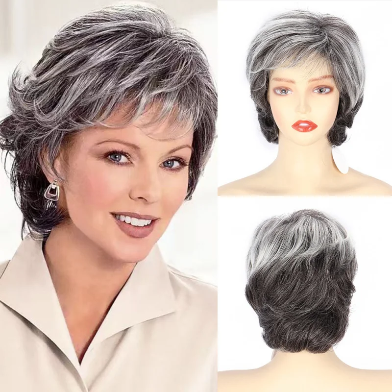 

European and American style women's fashion wig, grayish-white side-parted short curly hair, slightly wavy, high-temp