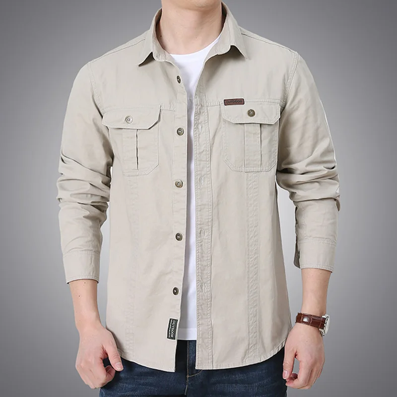 Spring Autumn Men's Long Sleeve Pure Cotton Shirt Loose Fit Thin Style Multi Pocket Casual Large Size Workwear Jacket