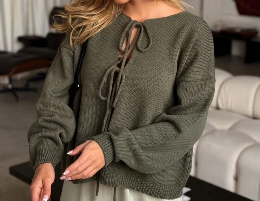 

New Lace Up Knitted Cardigan 2025 Autumn New Loose Round Neck Long Sleeved Sweater for Women