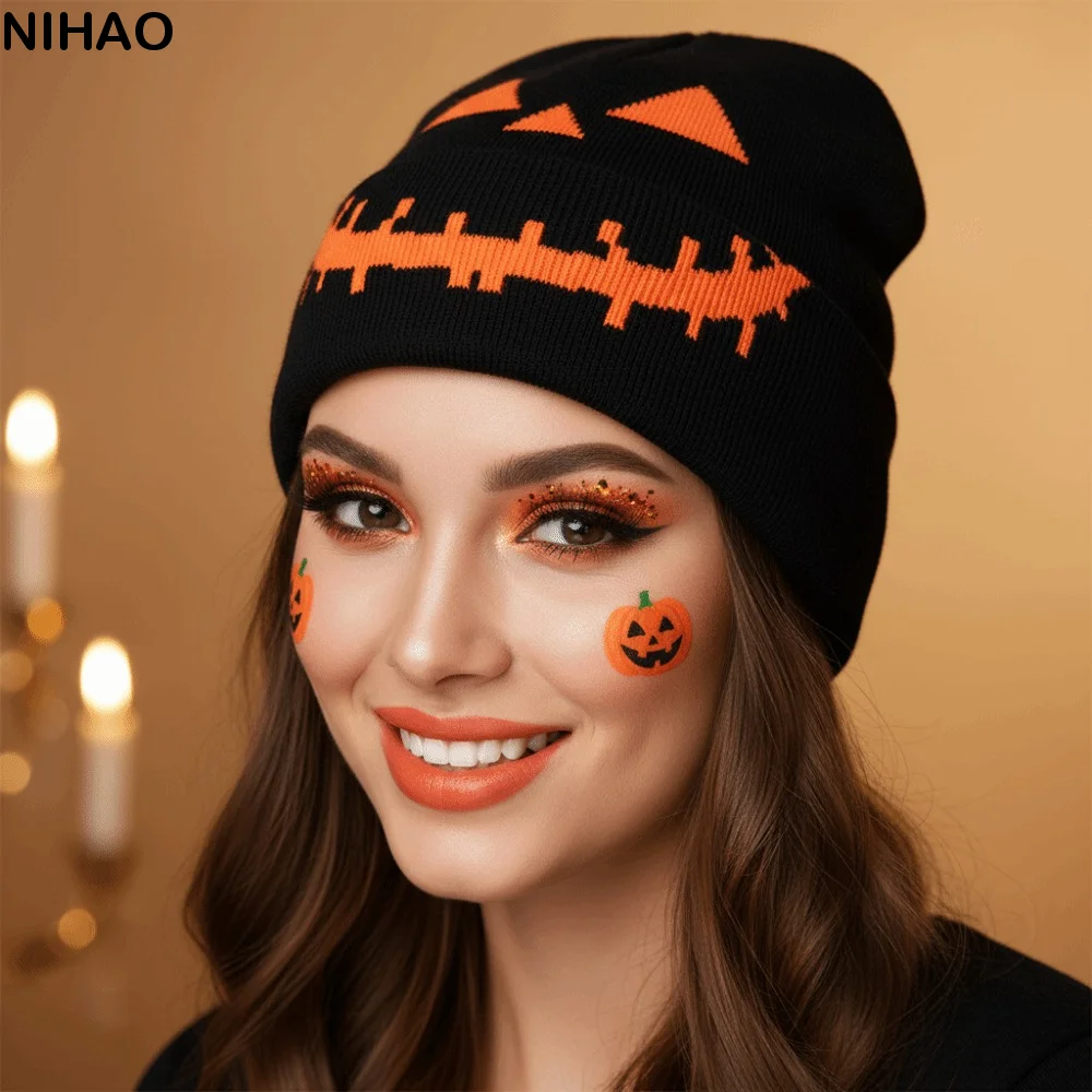 Knitted Fabric Pumpkin Beanie Hat Pumpkin Orange Soft Texture Halloween Knitted Cap Breathable Warm Hip Hop Skullcap Teens