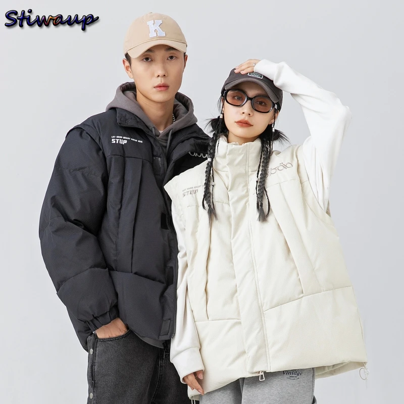 Winter Women Thick Padded Down Jacket Vest Solid Puffer Waistcoat for Male Female Stand Collar Detachable Sleeves Parkas Coat