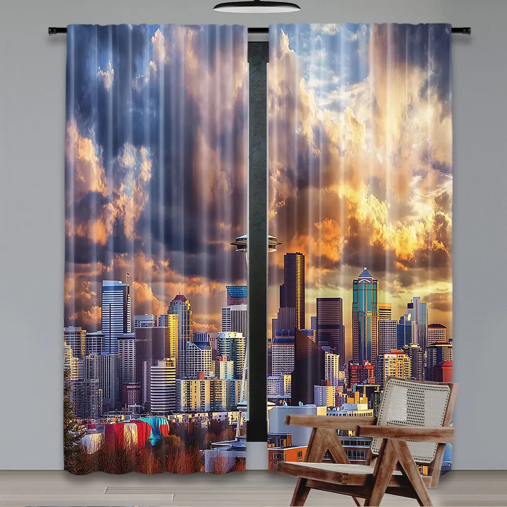 2Pcs Usa Curtain Seattle Skyline At Sunset United States Beams Through Dramatic Cloudscape Scenery Suitable For Bedroom Bathroom