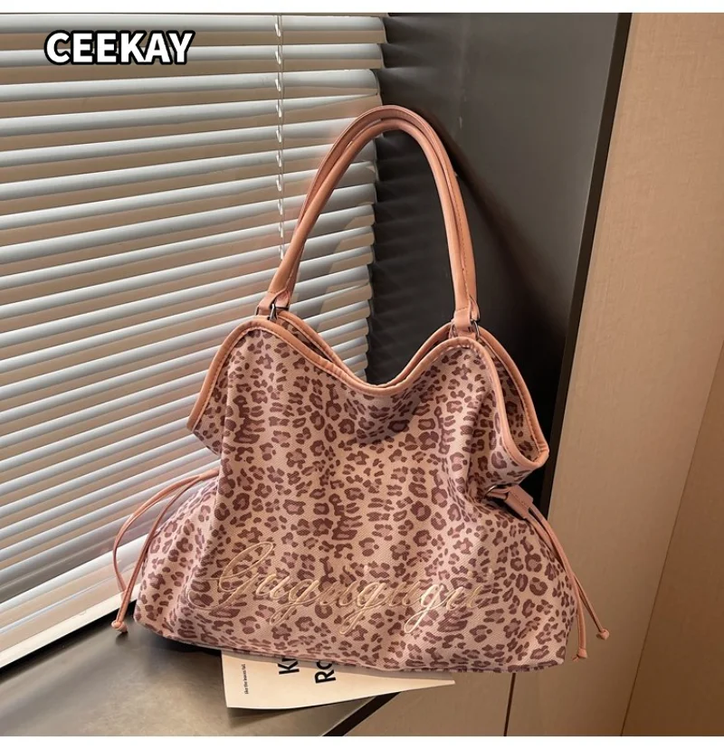 CEEKAY Women's Tote Bag Light Pink Leopard Print Large Shoulder Handbag Letter Embroidery Drawstring Detail Daily Casual Sweet - view 2