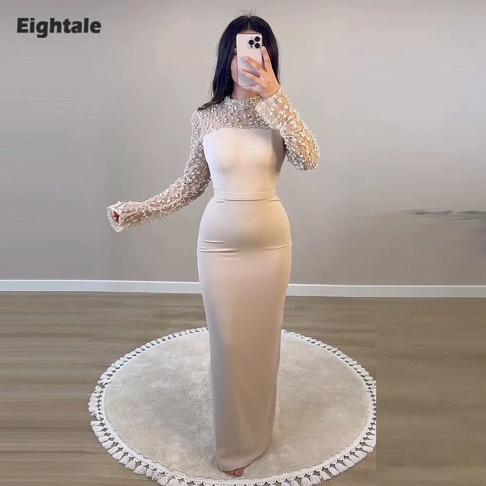 

Eightale Arabic Evening Dress High Neck Prom Gown Customized Champagne Long Sleeves Muslim Mermaid Wedding Party Dress
