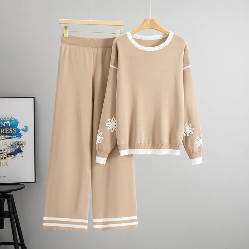 

Модный темпераментный вязаный свитер с круглым вырезом, широкие брюки, комплект из двух предметов