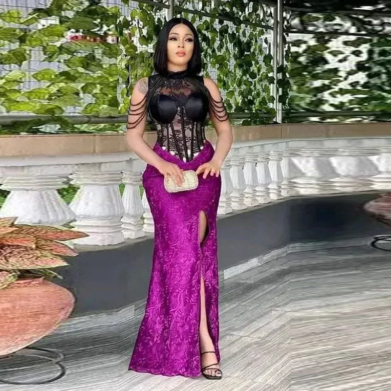 Spitze Applikationen High Split Quasten Abendkleider Afrikanische Frauen Hochzeit Party Kleid Schwarz Und Lila Meerjungfrau Prom Kleider