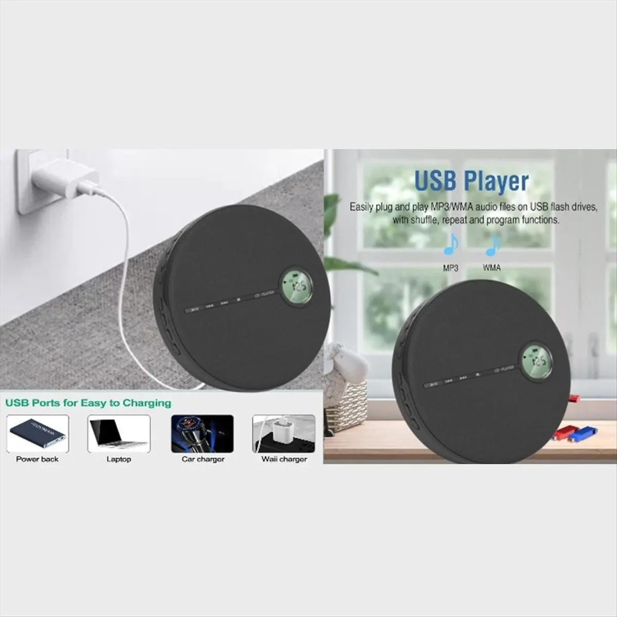 A86G NEW Rechargeable Bluetooth CD Player, Music CD Disc Player for Car/Travel, Home Audio with Stereo Speaker,AUX,USB Black
