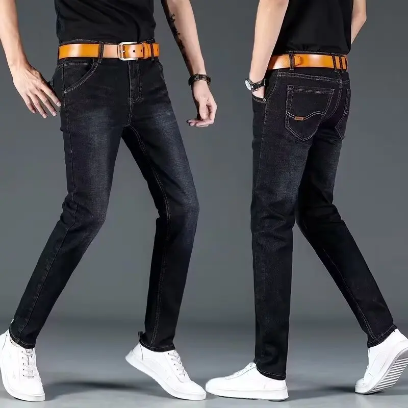 Immagine 4: Jeans Invernali da Uomo con Fodera in Pile, Gamba Dritta, Vita Alta, Taglie Grandi, Pantaloni Caldi, Slim-Fit, Casual, per Pendolari