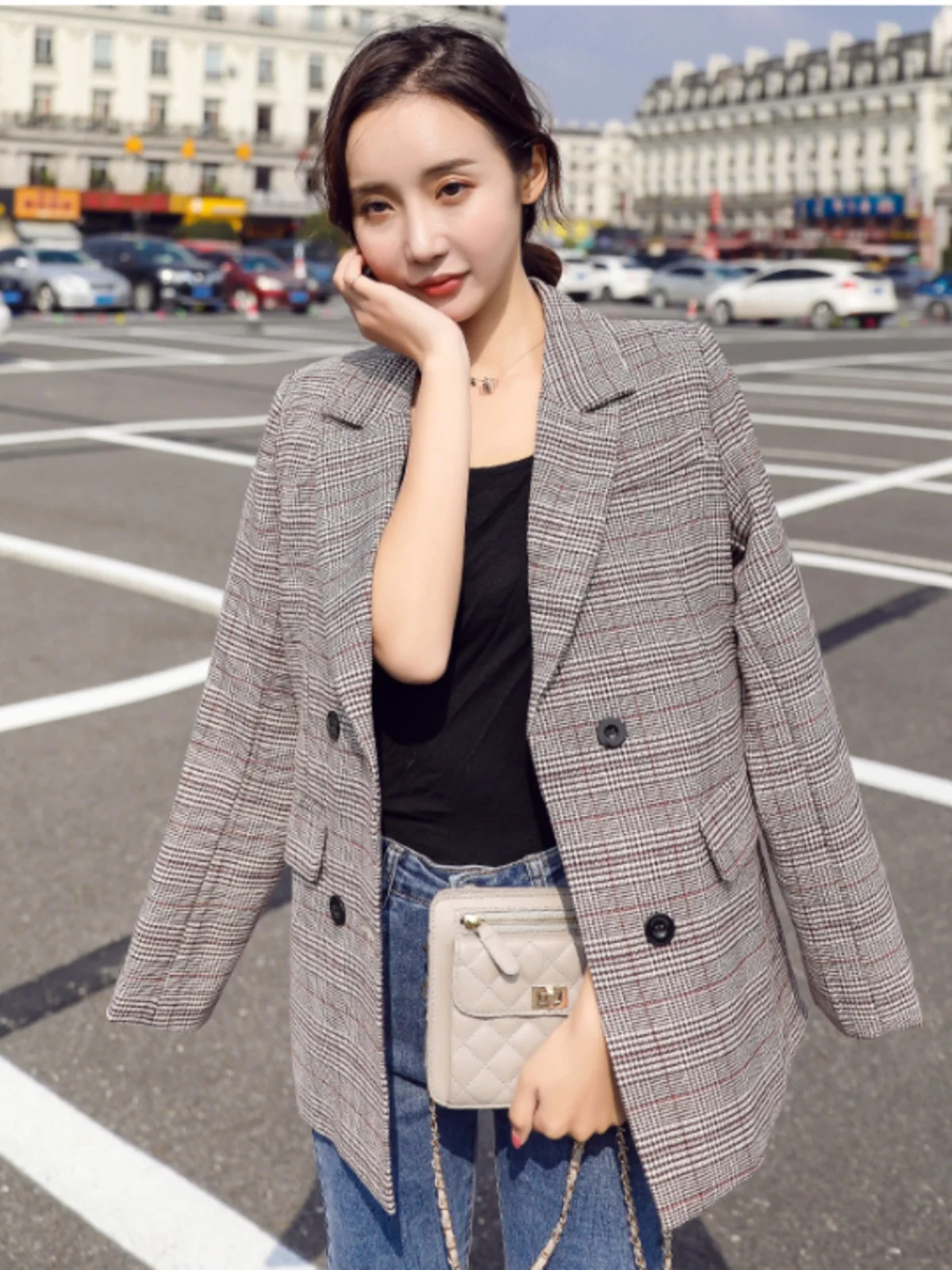

Retro Casual Plaid Long Sve Suit Jaet Commute OL Spring Autumn Double Breasted Versatile Women's Faion Outerwear
