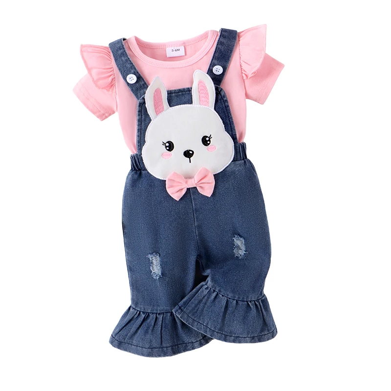 BeQeuewll Baby Girl 2Pcs Spring Outfits Short Sleeve Ruffle Tops And Denim Overalls Set Infant Clothes For 3-24 Months