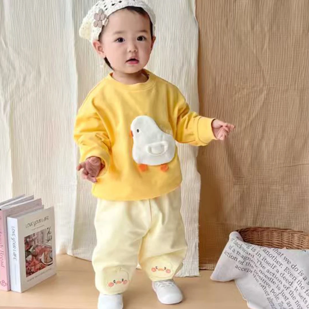 &New الأطفال بطة صفراء سلسلة الخريف الزي 2026 جديد الطفل سبليت توب السراويل الطفل هوديي قطعتين مجموعة لملابس خارجية