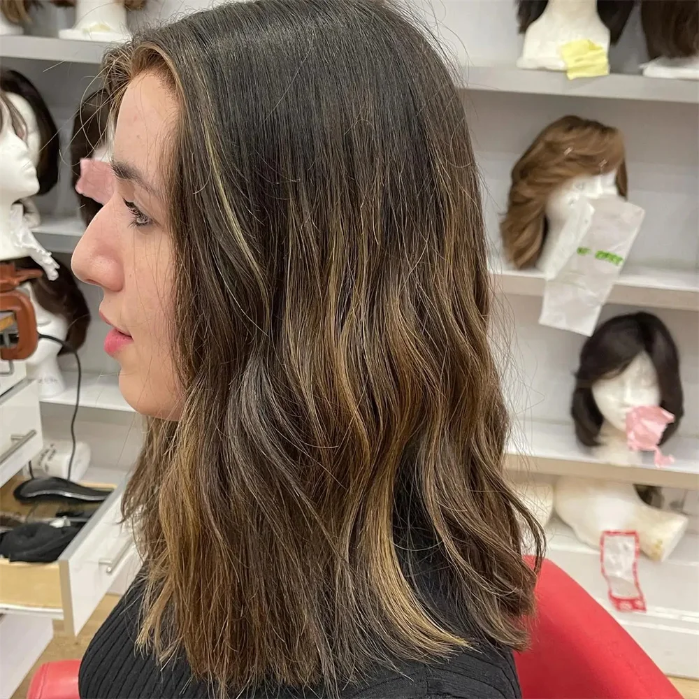 باروكة سمراء مموجة طبيعية للنساء بني داكن مع شقراء يسلط الضوء على الدانتيل الأمامي الاصطناعي بدون صمغ للاستخدام اليومي شعر بشري قصير 10% #4