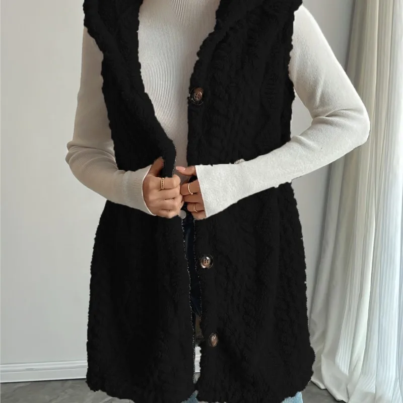 Solid Color Double-sided Plush Hooded Single Row Button Cardigan Casual Women Autumn Winter New Sleeveless Vest Жилетка Женская