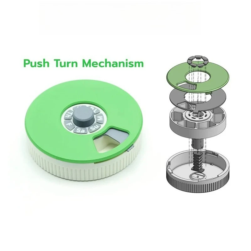 

Rotating Pressure Box Turn Mechanism Rotating Pill Organizer 7 Compartments for Weekly Box for Daily Medication Vitamins