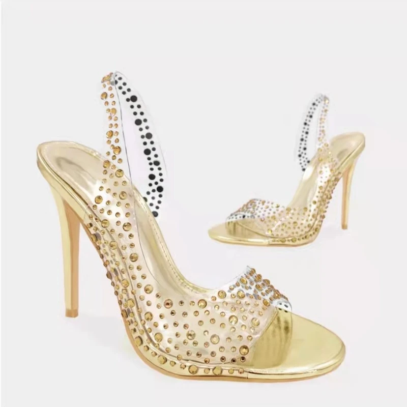 Champagne Silver Gold Crystal Bride Shoes Clear PVC Bling Bling Rhinestone Slingback Party Sandals Open Toe Sparkly Heels