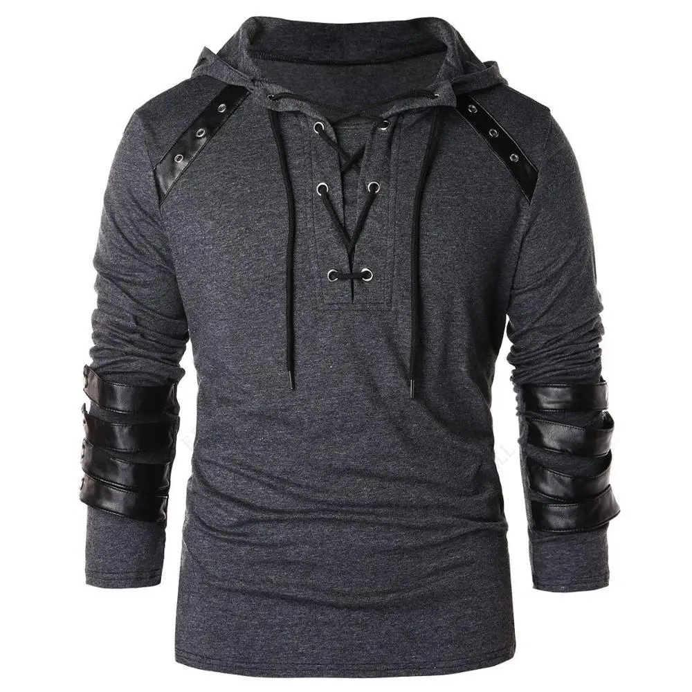 Men T-shirt Gothic Steampunk Sweatshirt Lace Up Long Sleeve Pullover Hooded Tee Halloween Adult Men Medieval Shirts Tops chemise