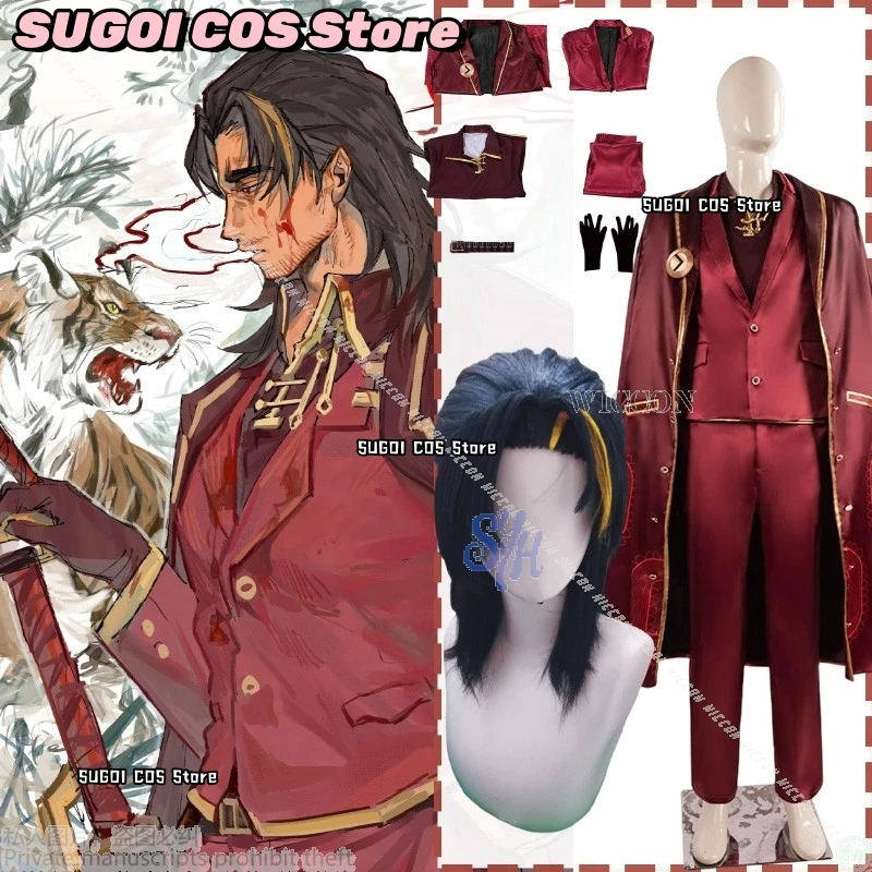 jeu-d'anime-limbus-company-cosplay-lei-heng-costume-papa-beau-uniforme-rouge-fonce-long-manteau-gilet-costume-perruques-halloween-{sugoi-cos}