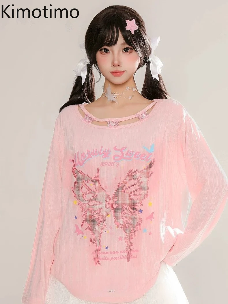 

Kimotimo, женские футболки с длинными рукавами и принтом милых бабочек, осень 2023, Y2k, эстетические свободные топы с круглым вырезом, модные футболки