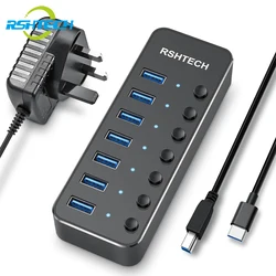 RSHTECH 7-Port USB 3.0 Hub Aluminum 5Gbps Data Transfer Splitter with Individual On/Off Switches and 5V/2A Adapter