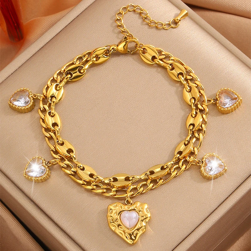 

Kuziduocai Statement 316L Stainless Steel 2025 New Fashion Jewelry Embed Zircon Pearl Love Heart Charm Chain Bracelets For Women