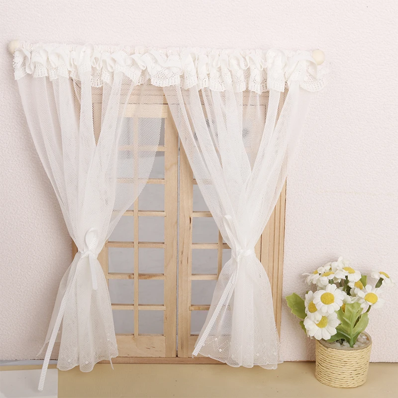 1:12 Dollhouse Miniature Curtain White Fabric Lace Door Curtain Window Decor Model Bedroom Living Room Furniture Decor Toy