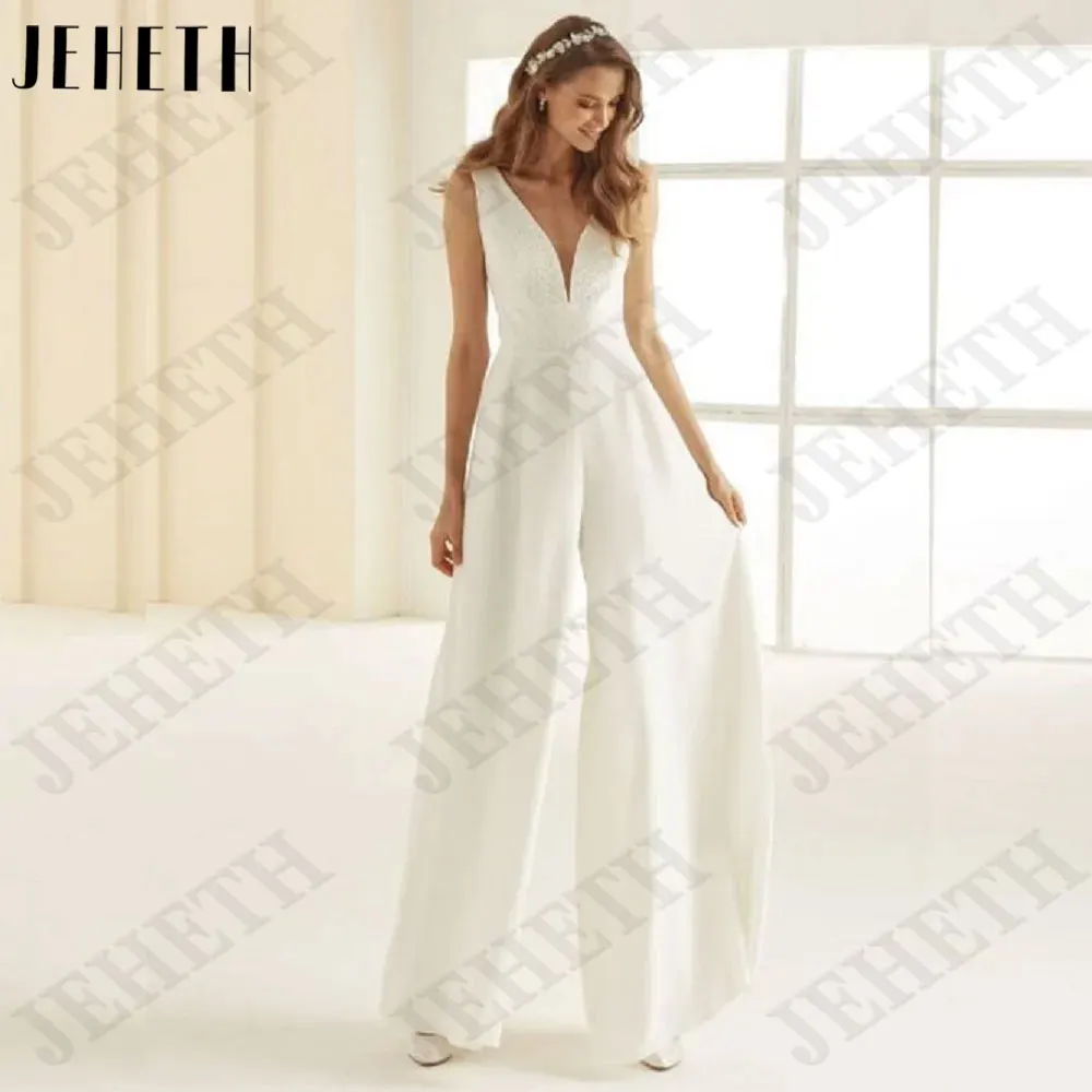 JEHETH A-Line Satin Spaghetti Straps Bride Dresses Backless Sleeveless Wedding Gowns Deep V-Neck Custom Made robe de mariée 2024