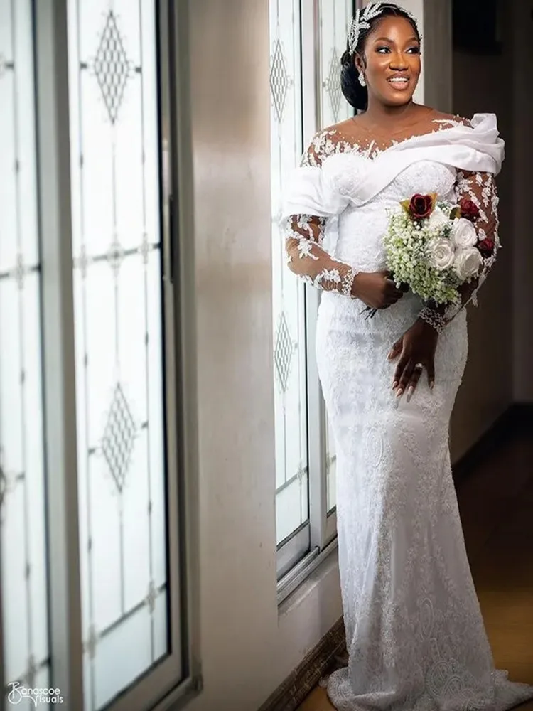 Customized Sheer Neck Shinny Beads Appliques Mermaid Bridal Dress Vestidos De Novia  Vintage  Wedding Gowns with Removable Skirt