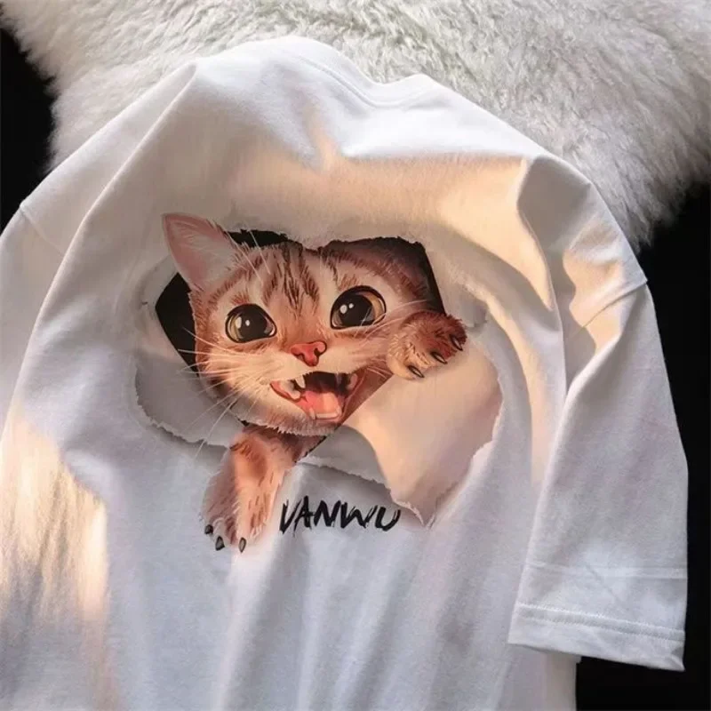 

Pure Cotton Japanese Fashion Brand Cute Cat Print Pure Cotton Short Sleeve T-shirt WomenSummer Loose Versatile Half Sleeve Top