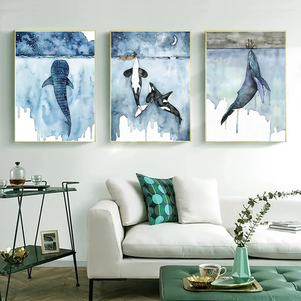 

Nordic Style Watercolor Abstract Whale Sea Wall Art Poster Modern Living Room Decor Canvas Painting Home Prints Mural Pictures