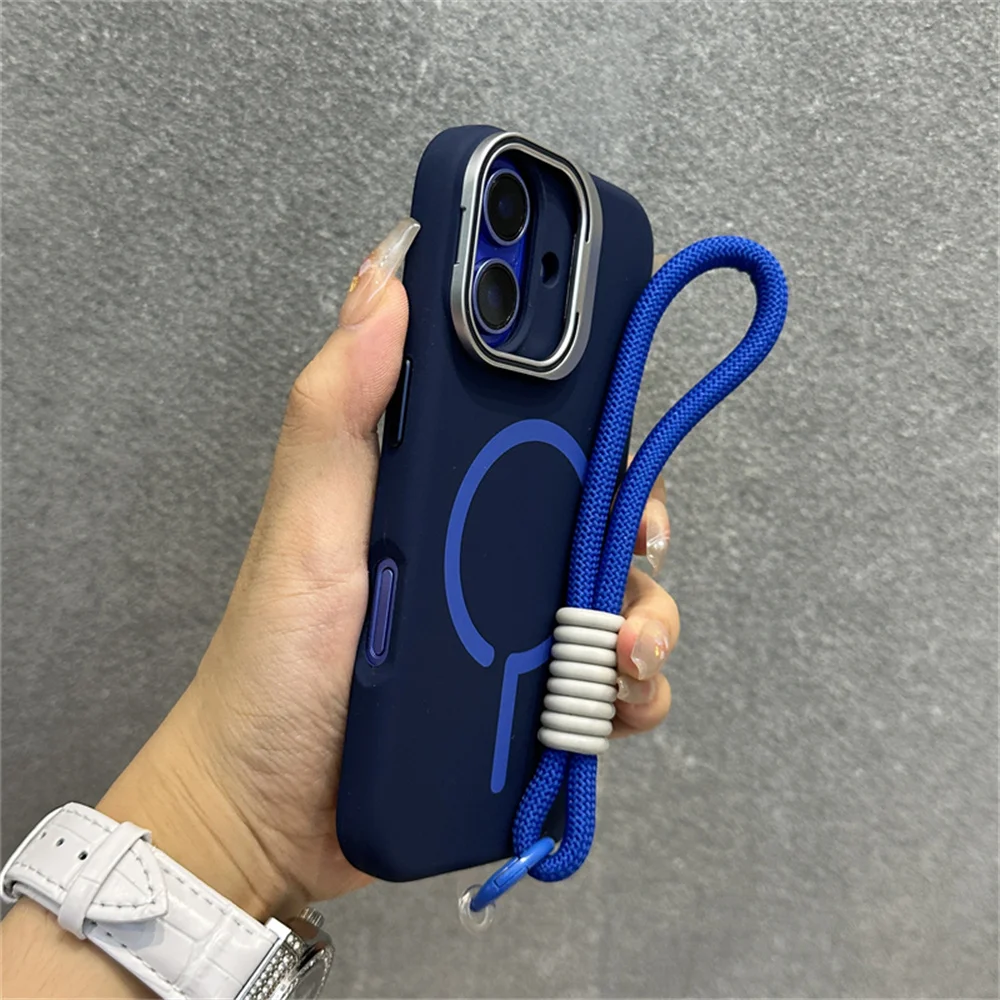With Lanyard Lens Holder For Magsafe Silicone Phone Case For iPhone 16 Plus 14 12 13 15 Pro Max Wireless Charging Matte Cover