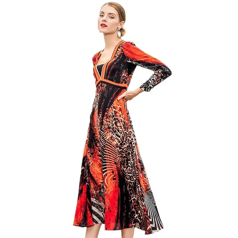 

New 100% Mulberry Silk Dress with Leopard Printed Long Sleeve Silk Dress for Women in Spring and Summer of 2023