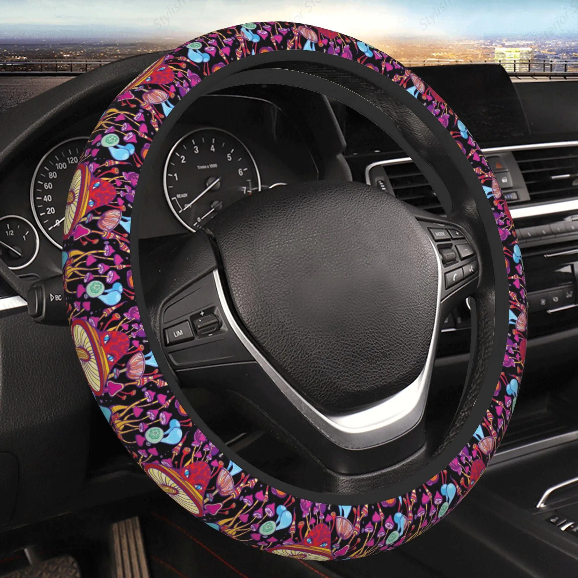 Doodle Mushrooms Steering Wheel Cover Cute Universal 15 Inch Car Accessories Protector for Women Fit Auto SUV Sedan Vans Trucks