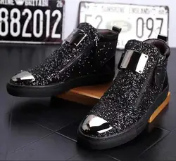 black Leather Men Sneakers Punk Casual Shoes Hip Hop Male High Tops Zip Ankle Boots Flats Zapatillas Hombre