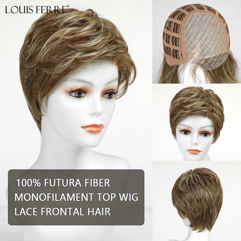 

Brown Blonde Highlights Synthetic Wigs for Women Short Pixie Cut Hair MONO Top Lace Front Wigs With Bangs 100% Futura Fiber Wig