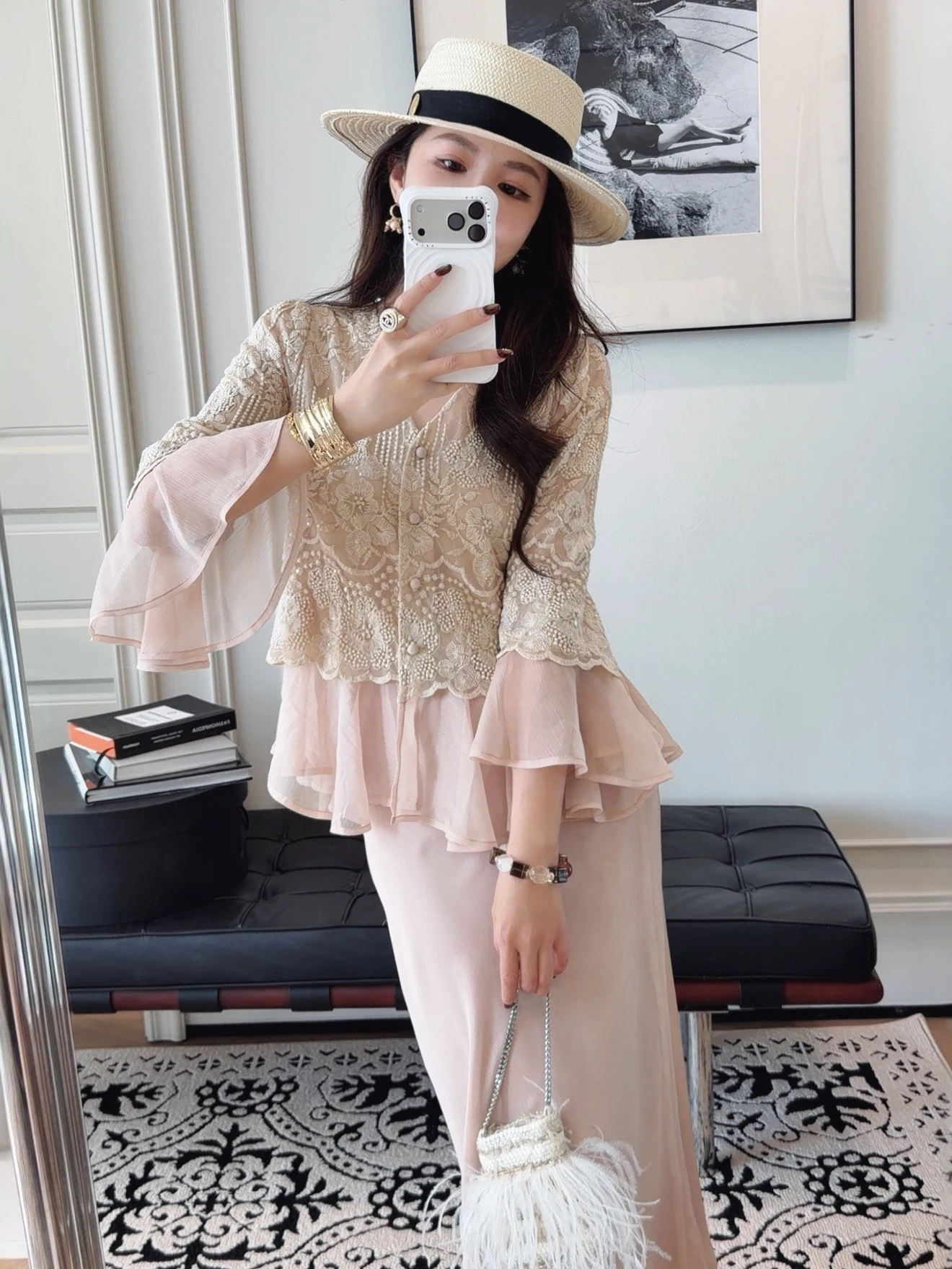 

PINZIKO Топ с объемной вышивкой, длинными рукавами и кружевной отделкой, утягивающий, из смесового полиэстера и хлопка, производство Китай