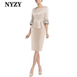 NYZY M404 2-Piece Satin Champagne Mother of the Bride Groom Dresses with Coat 2024 Short Formal Dresses Wedding Party Cocktail