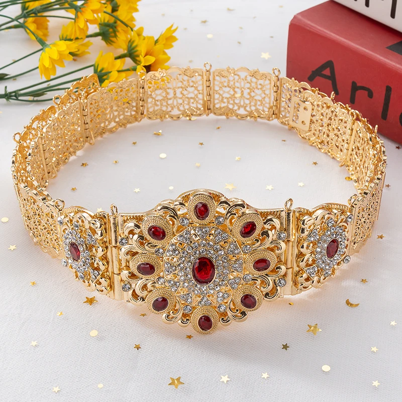 Fatima Fashion marocchino Gemstone Women Dress Belt Hollow Bridal Metal Color oro catena in vita verde blu Pattern Body Jewelry