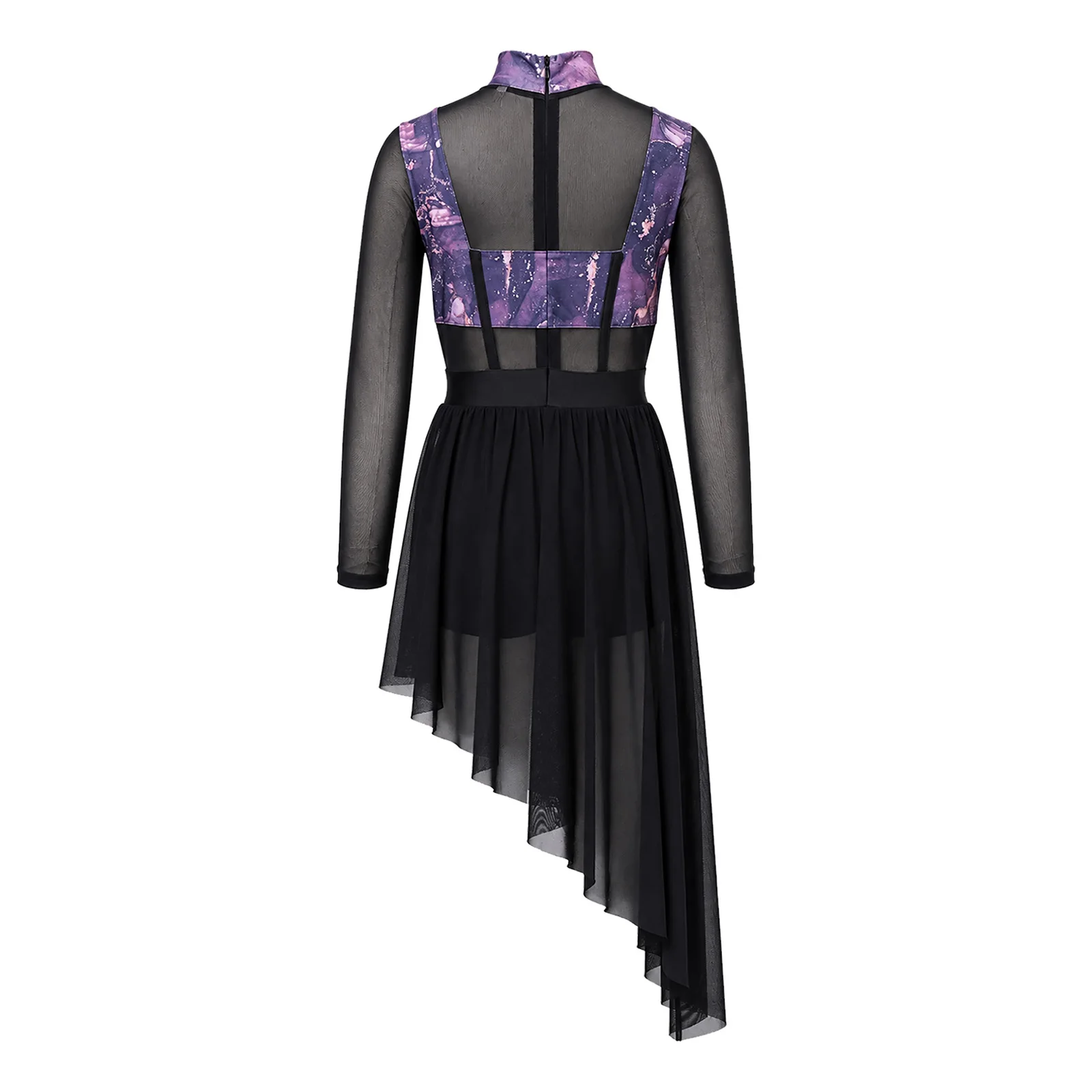 Kids Asymmetrical Hem Mesh Figure Skating Dress Girls Lyrical Dance Costume Ballet Leotard Dress Printed Patchwork Dancewear