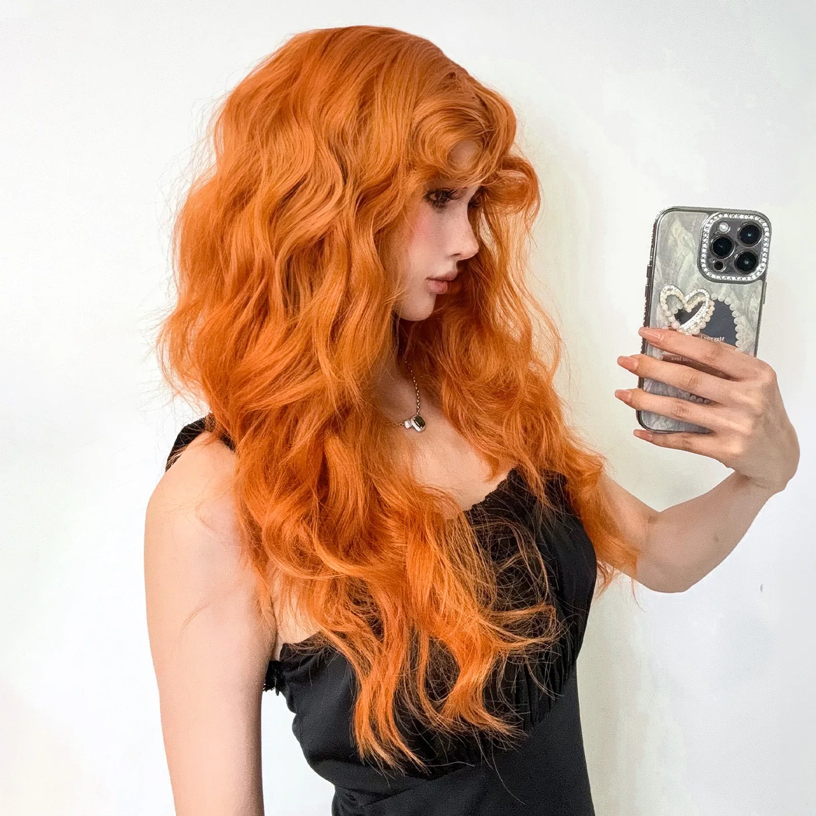 Party Wigs for Girls Fluffy Curly Hair with Bangs Orange Synthetic Wig for Women Cosplay Wigs Natural Daily Heat Resistant Fiber