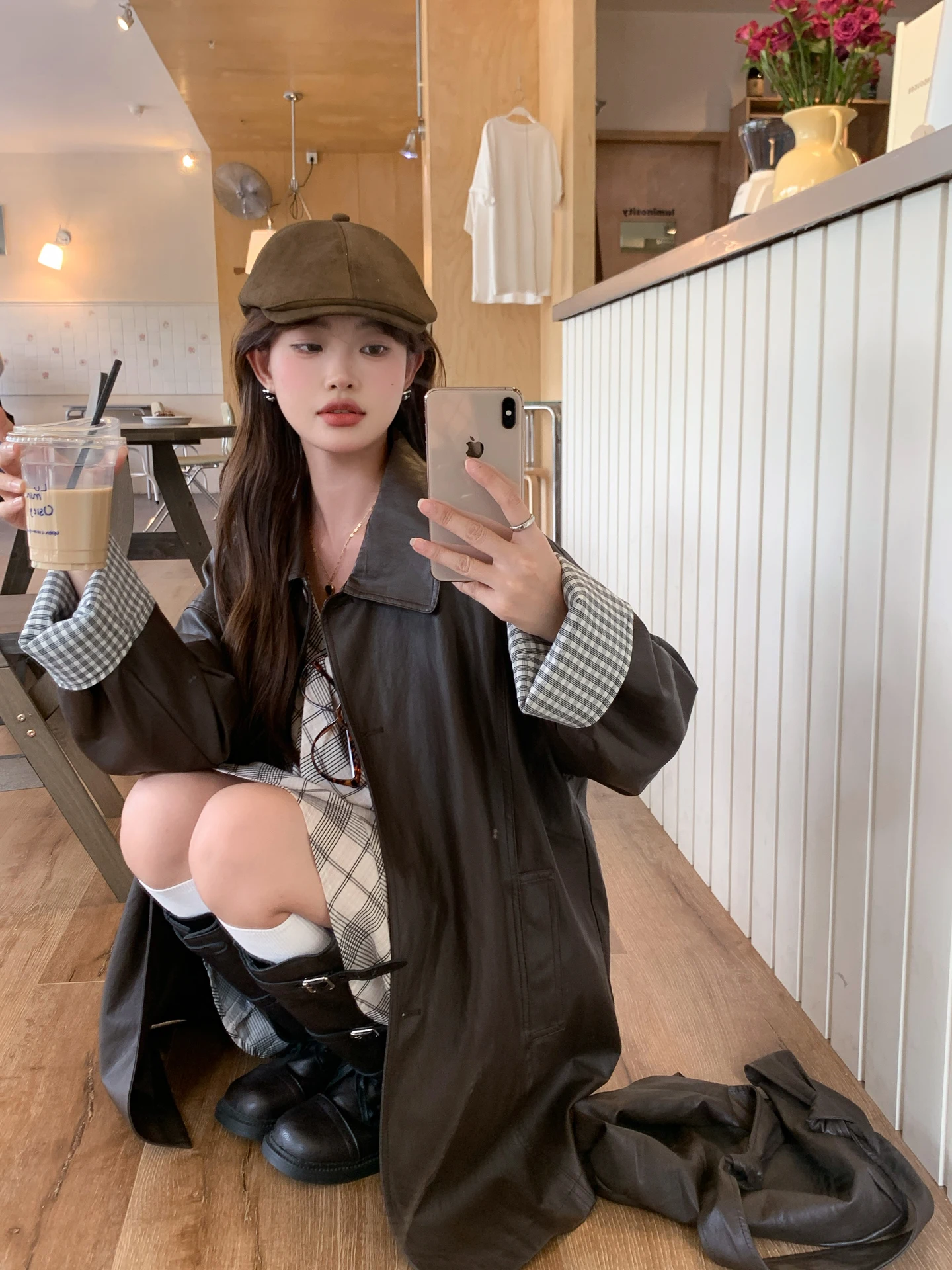 Ele Long Leather Jaet Women's Loose Sle Korean Faion Autumn New Arrival PU Material Commute Sle Zipper Closure