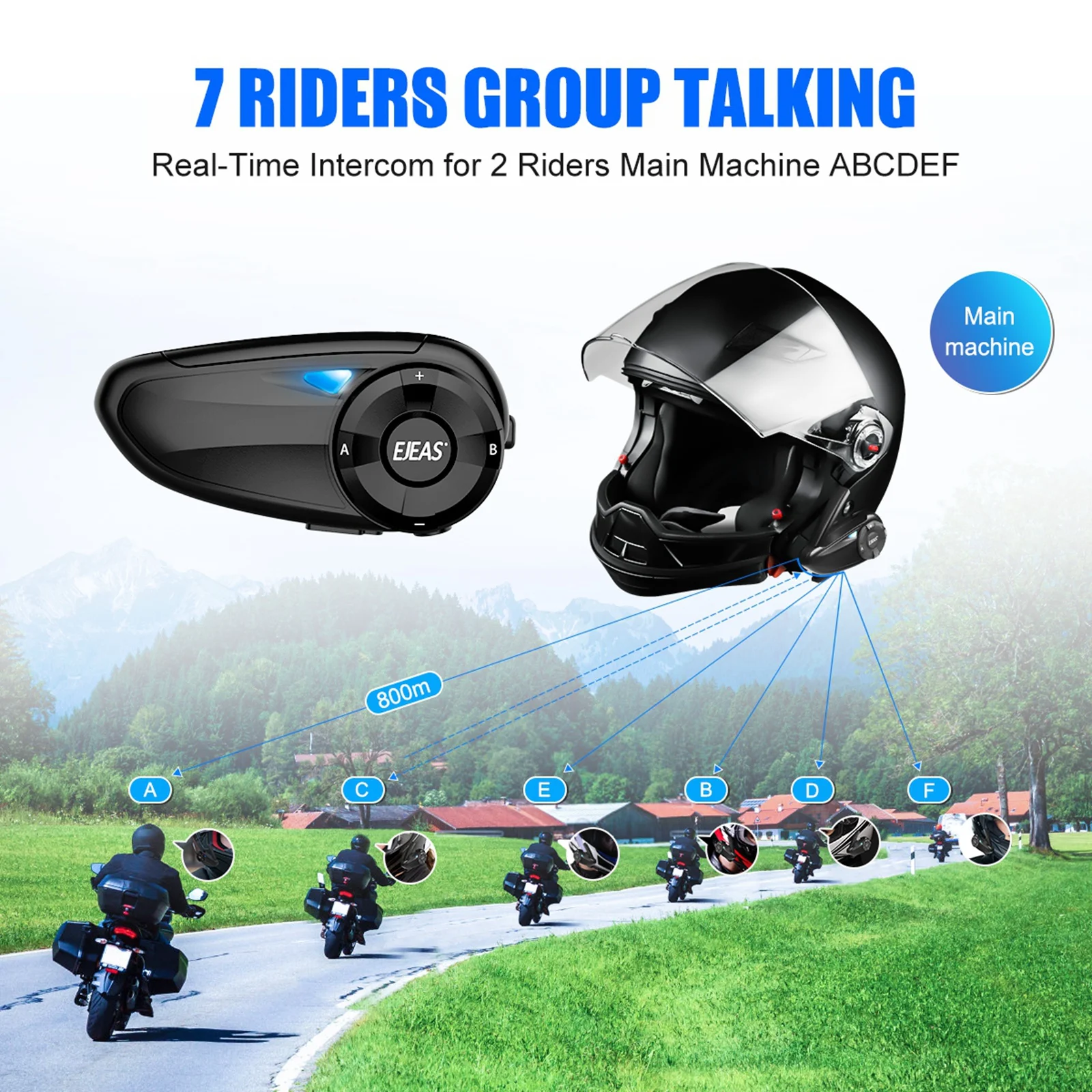 EJEAS Q7 Motorcycle Bluetooth Intercom Walkie Talkie, with 1 Cut 6 ,Moto Headset ,Helmet Interphone for 7 Riders Group Talking