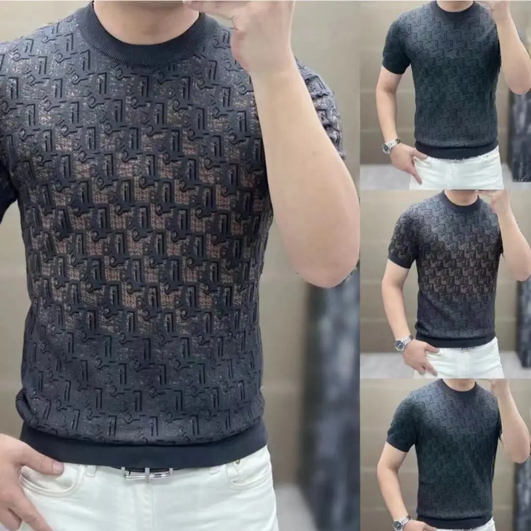 Men's half-sleeved T-shirt fashion summer trend handsome  short-sleeved jacquard knitted sweater new wasteland style