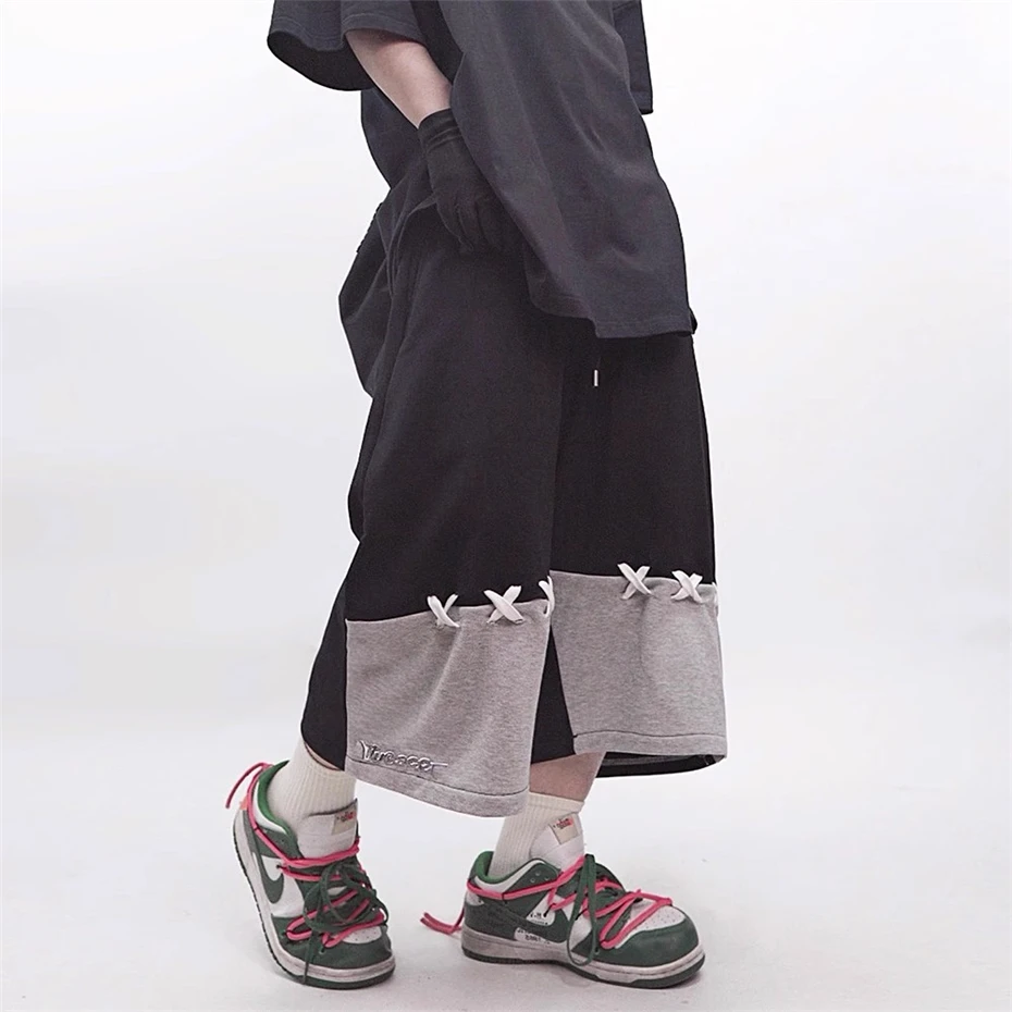 

Patchwork Cargo Shorts Mens Streetwear Hip Hop Calf Length Pants Harajuku Vintage Baggy Casual Wide-leg Sport Short Male